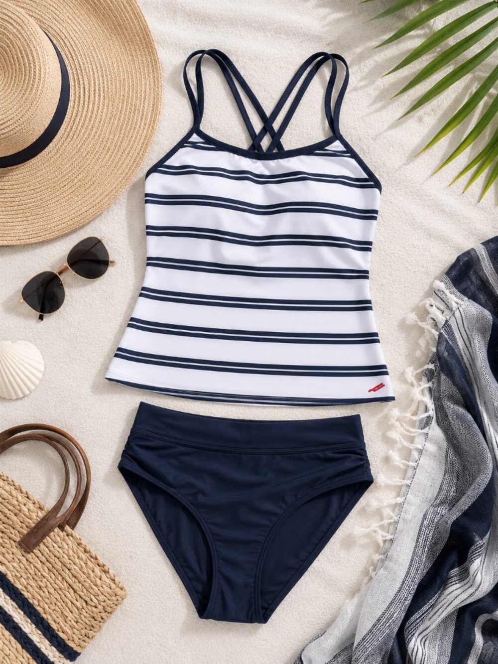 Nautica Tankini Swimsuit Set Navy White Striped Crisscross Back Size Small